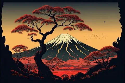 Nice landscape with fuji mountain , tree , japan, Made by AI,Artificial int.. Stock Illustration