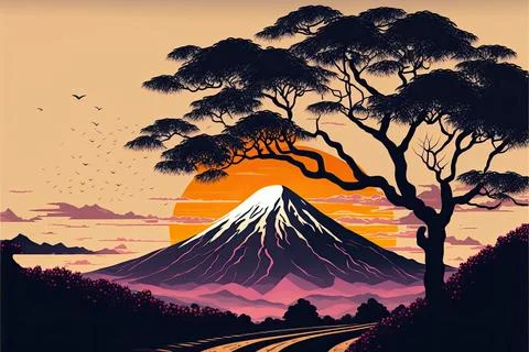Nice landscape with fuji mountain , tree , japan, Made by AI,Artificial int.. Stock Illustration