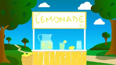 Nice lemonade stand in a landscape surrounded by greenery on a summer day Stock Illustration