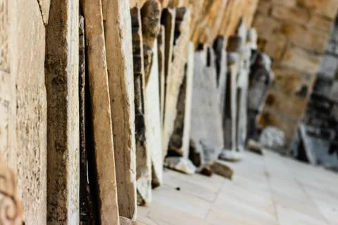 Nice looking many tablets are lean to the church wall at ephesus Stock Photos