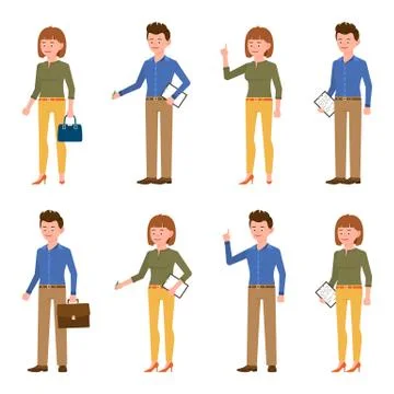 Nice looking, young blue shirt business man and yellow pants woman vector ill Stock Illustration