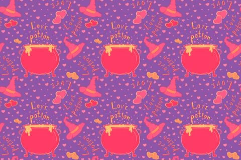 Nice love potion seamless pattern with cauldron Stock Illustration