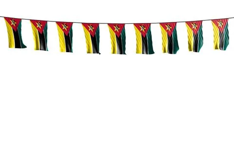 Nice many Mozambique flags or banners hangs on string isolated on white 스톡 일러스트