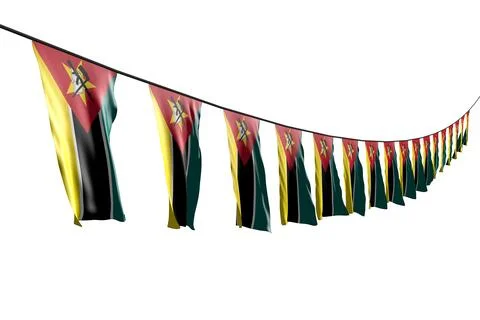 Nice many Mozambique flags or banners hanging diagonal with perspective view Stock Illustration