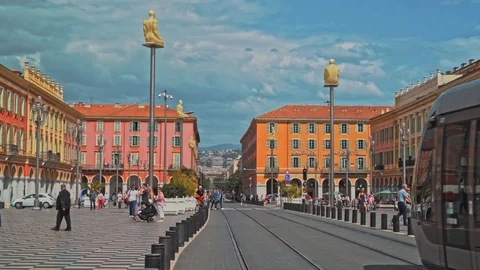 NICE - MAY 05: Locked down shot of Place Massena, May 05, 2018 in Nice, France Vídeo Stock 94915771