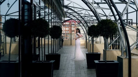 Nice model poses in long dress standing on glass terrace Stock Footage 107960903