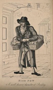 Nice New, an eccentric street peddler of Reading. Engraving by R. Cooper. Stock Illustration