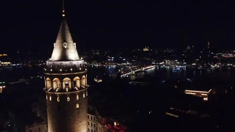Nice night forward Drone footage of galata tower Istanbul turkey Stock Footage 275535318