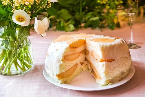 Nice no-bake cake with cottage cheese, banana and pischottes, delicious dessert Stock Photos