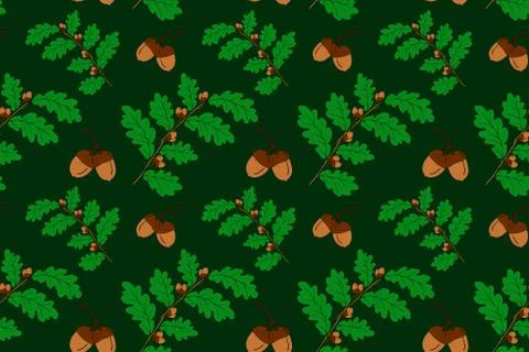 Nice oak branches with acorns seamless pattern. Autumn green cover. Stock Illustration