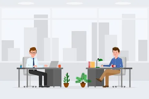 Nice office worker men colleagues vector illustration. Side view writing note Illustrazione stock
