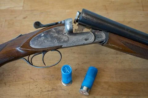 A nice old open parallel shotgun with some 12 gauge cartridges on a wooden table Stock-Fotos