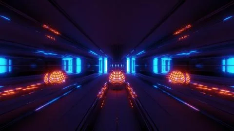 Nice orange glowing sphere with reflective space tunnel background 3d rendering Stock Illustration