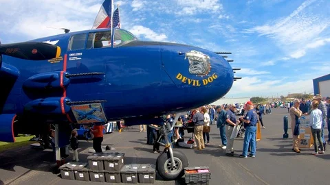 A nice panning shot of the B-25 "Devil Dog" on display at the Air and Auto Stock Footage 126043382