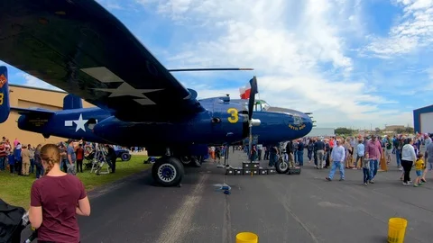 A nice panning shot up to the front of the B-25 Devil Dog World War II Stock Footage 126043392