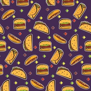 Nice pattern with colorful fastfood on dark violet Stock Illustration