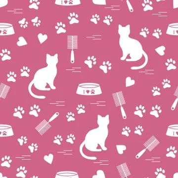 Nice pattern of silhouette sitting cat, traces, hearts, bowl and comb need fo Stock Illustration