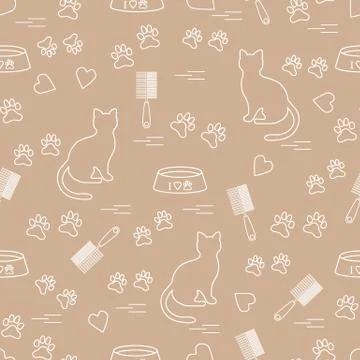 Nice pattern of silhouette sitting cat, traces, hearts, bowl and comb need fo Stock Illustration