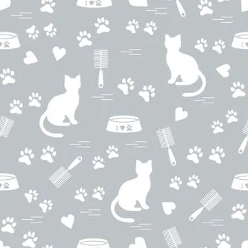 Nice pattern of silhouette sitting cat, traces, hearts, bowl and comb need fo Stock Illustration