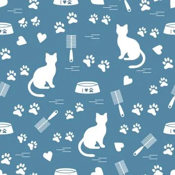 Nice pattern of silhouette sitting cat, traces, hearts, bowl and comb need fo Stock Illustration