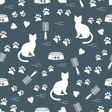 Nice pattern of silhouette sitting cat, traces, hearts, bowl and comb need fo Stock Illustration