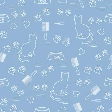 Nice pattern of silhouette sitting cat, traces, hearts, bowl and comb need fo Stock Illustration