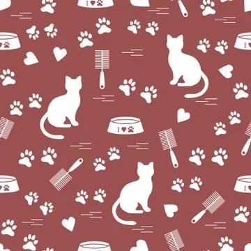 Nice pattern of silhouette sitting cat, traces, hearts, bowl and comb need fo Stock Illustration