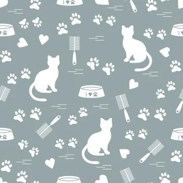 Nice pattern of silhouette sitting cat, traces, hearts, bowl and comb need fo Stock Illustration
