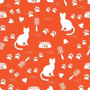 Nice pattern of silhouette sitting cat, traces, hearts, bowl and comb need fo Stock Illustration