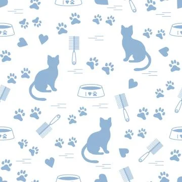 Nice pattern of silhouette sitting cat, traces, hearts, bowl and comb need fo Stock Illustration