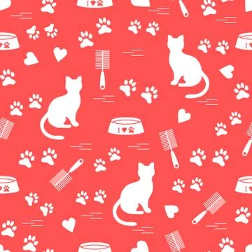 Nice pattern of silhouette sitting cat, traces, hearts, bowl and comb need fo Stock Illustration