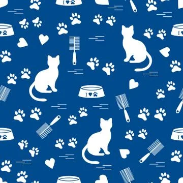 Nice pattern of silhouette sitting cat, traces, hearts, bowl and comb need fo Stock Illustration