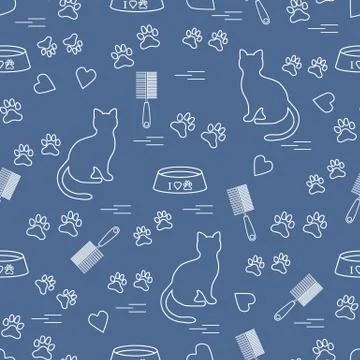 Nice pattern of silhouette sitting cat, traces, hearts, bowl and comb need fo Stock Illustration