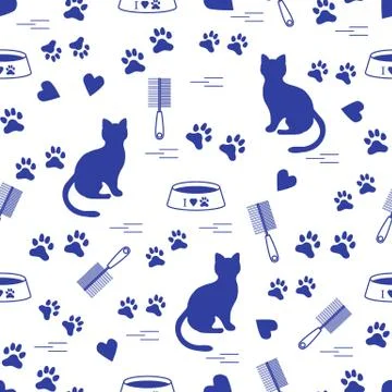Nice pattern of silhouette sitting cat, traces, hearts, bowl and comb need fo Stock Illustration