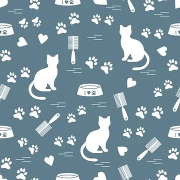 Nice pattern of silhouette sitting cat, traces, hearts, bowl and comb need fo Stock Illustration