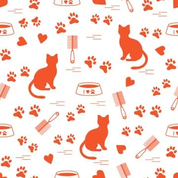 Nice pattern of silhouette sitting cat, traces, hearts, bowl and comb need fo Stock Illustration