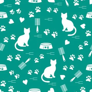 Nice pattern of silhouette sitting cat, traces, hearts, bowl and comb need fo Stock Illustration
