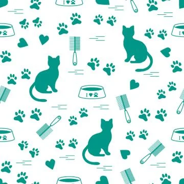 Nice pattern of silhouette sitting cat, traces, hearts, bowl and comb need fo Stock Illustration