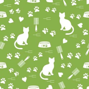 Nice pattern of silhouette sitting cat, traces, hearts, bowl and comb need fo Stock Illustration