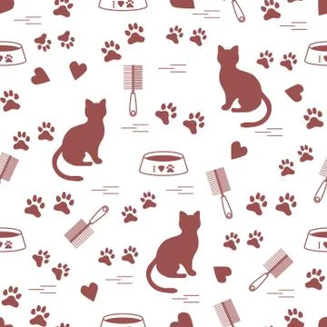 Nice pattern of silhouette sitting cat, traces, hearts, bowl and comb need fo Stock Illustration