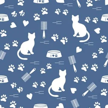 Nice pattern of silhouette sitting cat, traces, hearts, bowl and comb need fo Stock-Illustration
