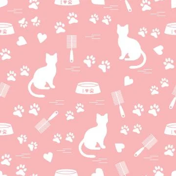 Nice pattern of silhouette sitting cat, traces, hearts, bowl and comb need fo Stock Illustration