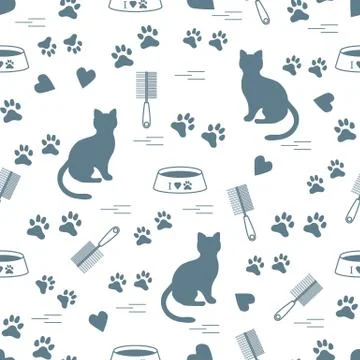 Nice pattern of silhouette sitting cat, traces, hearts, bowl and comb need fo Stock Illustration