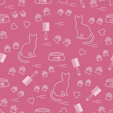 Nice pattern of silhouette sitting cat, traces, hearts, bowl and comb need fo Stock Illustration