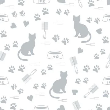 Nice pattern of silhouette sitting cat, traces, hearts, bowl and comb need fo Stock Illustration