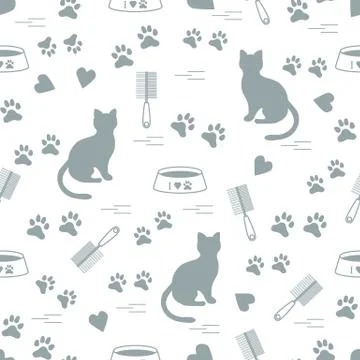 Nice pattern of silhouette sitting cat, traces, hearts, bowl and comb need fo Stock Illustration