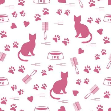 Nice pattern of silhouette sitting cat, traces, hearts, bowl and comb need fo Stock Illustration