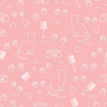 Nice pattern of silhouette sitting cat, traces, hearts, bowl and comb need fo Stock Illustration