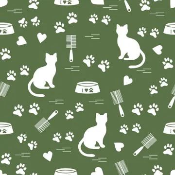 Nice pattern of silhouette sitting cat, traces, hearts, bowl and comb need fo Illustrazione stock