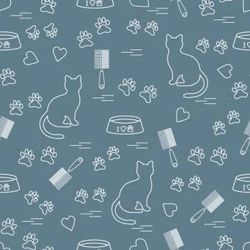 Nice pattern of silhouette sitting cat, traces, hearts, bowl and comb need fo Stock Illustration